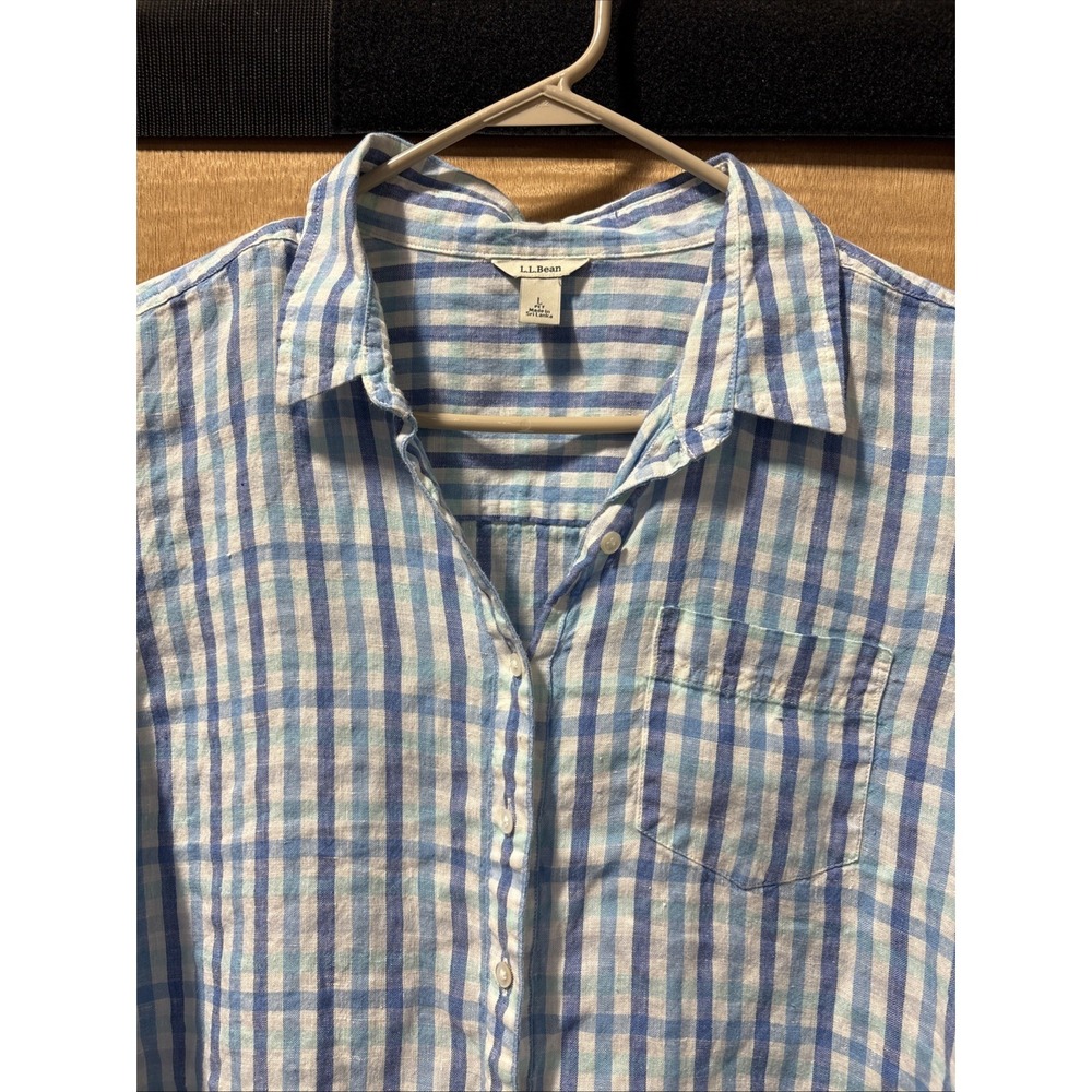ll bean linen shirt women Blue Plaid Button Up Large 504356 Coastal